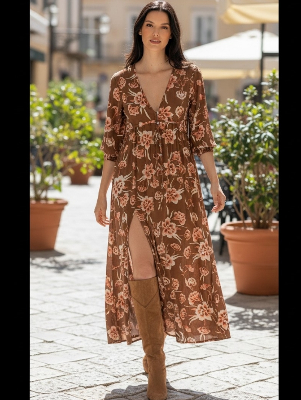 Anthropologie Storia Brown Floral Maxi Dress S Long Sleeve V-Neck‎ Cottagecore